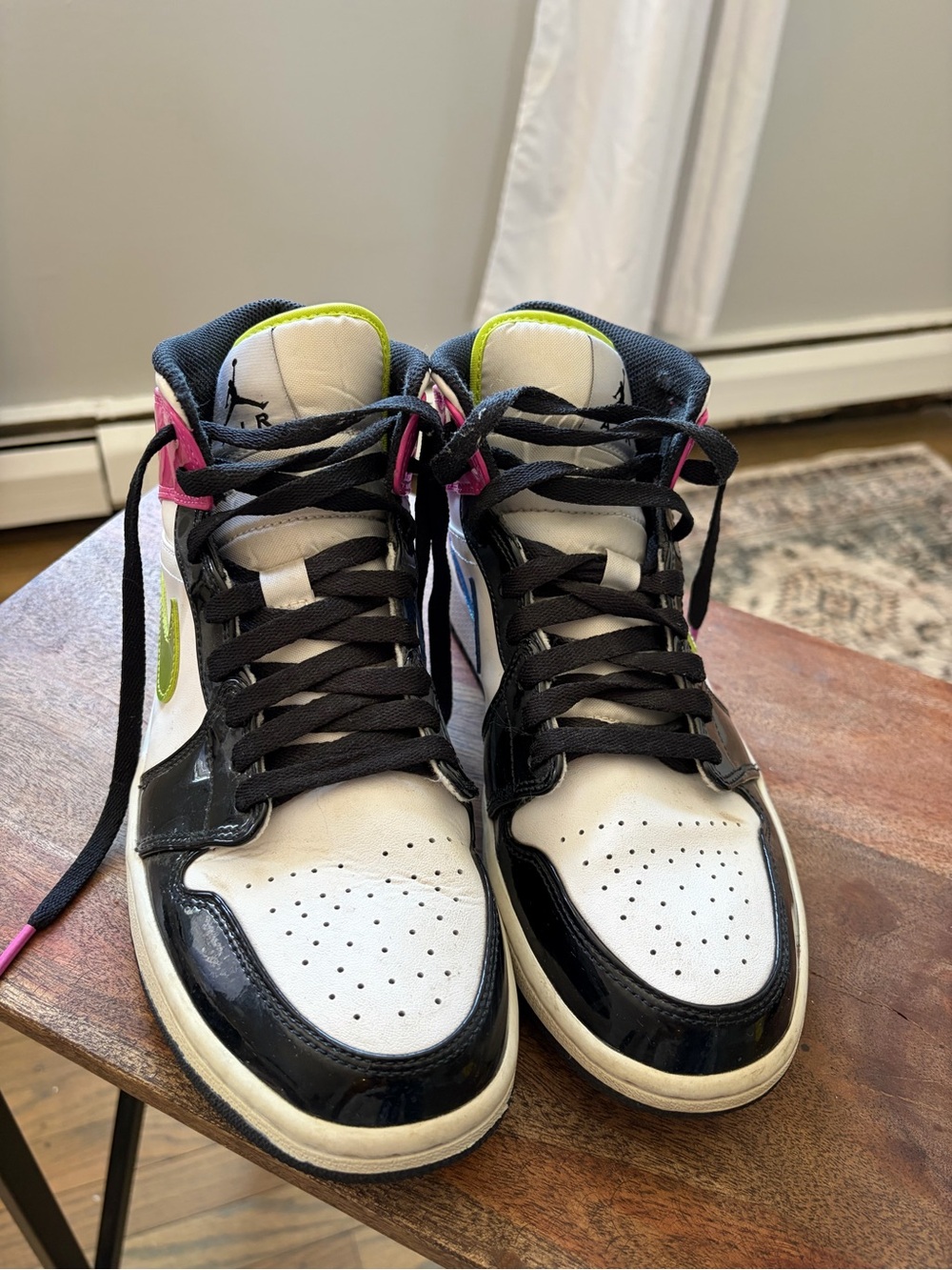 Jordan Retro High Top Sneakers White Black with Pink, Green & Blue Accents - Picture 2 of 7